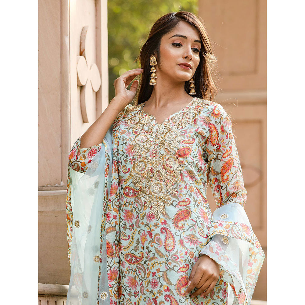 Gulabo Jaipur Blue Embroidered Kurta And Pant With Dupatta (Set of 3)