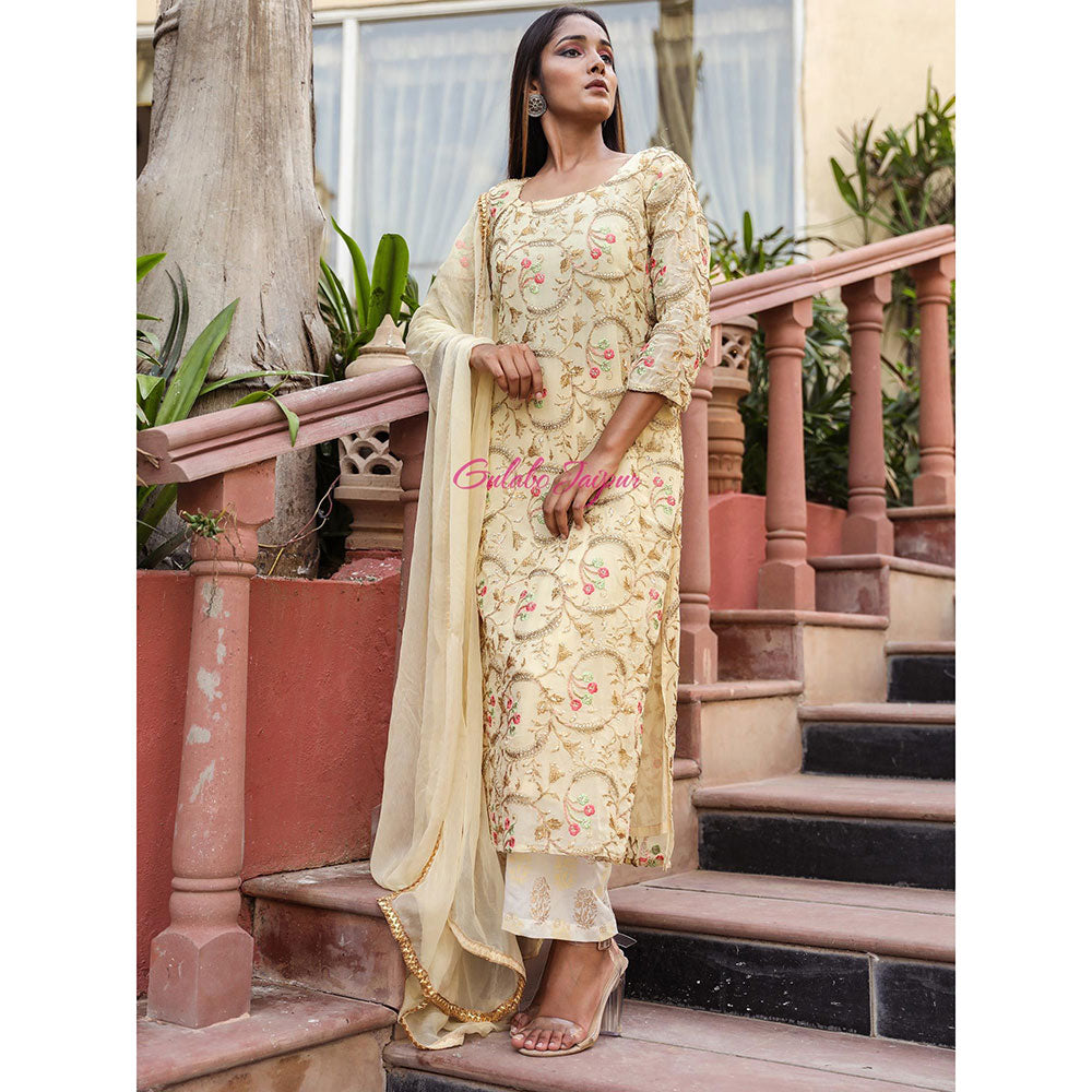Gulabo Jaipur Beige Embroidered Kurta And Pant With Dupatta (Set of 3)