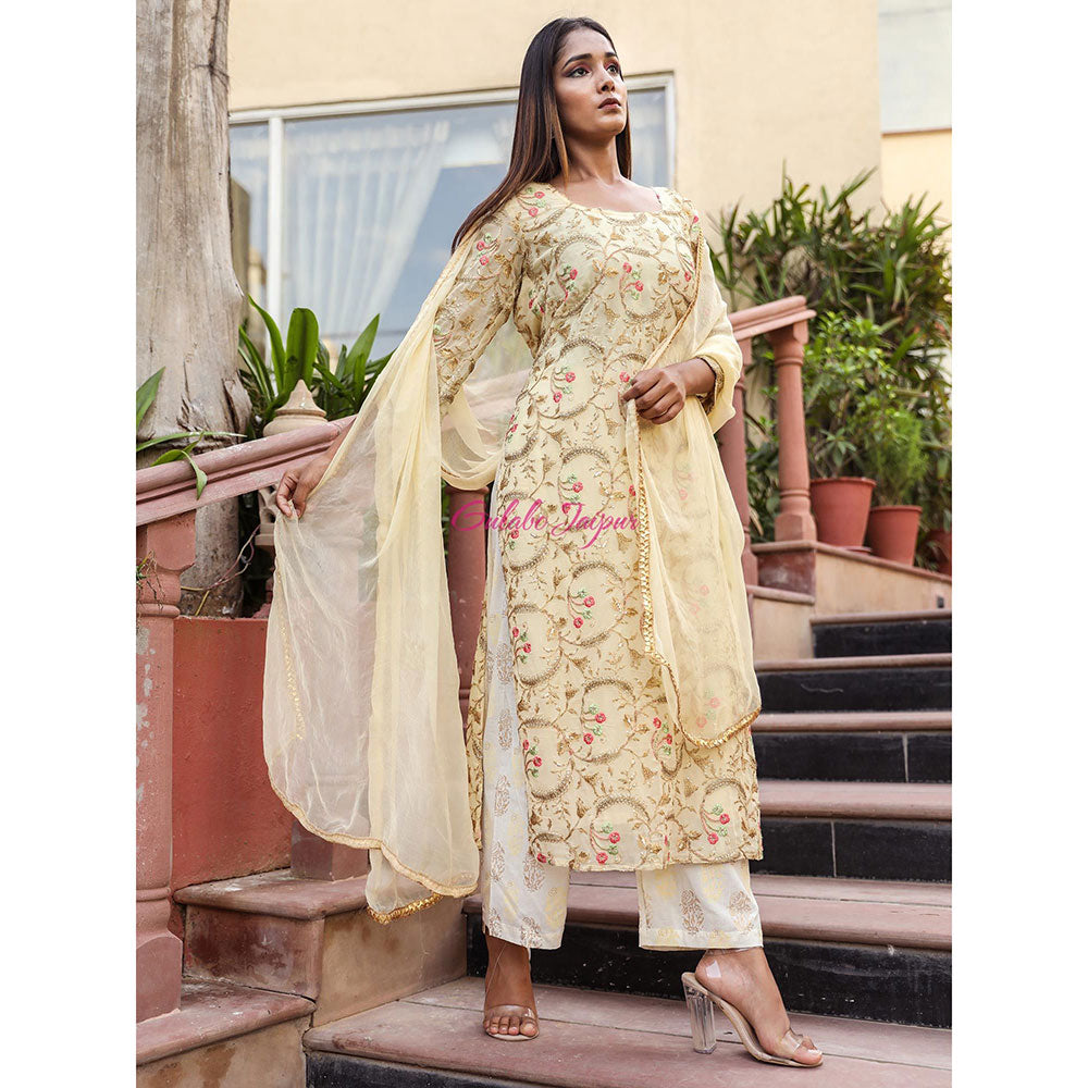 Gulabo Jaipur Beige Embroidered Kurta And Pant With Dupatta (Set of 3)