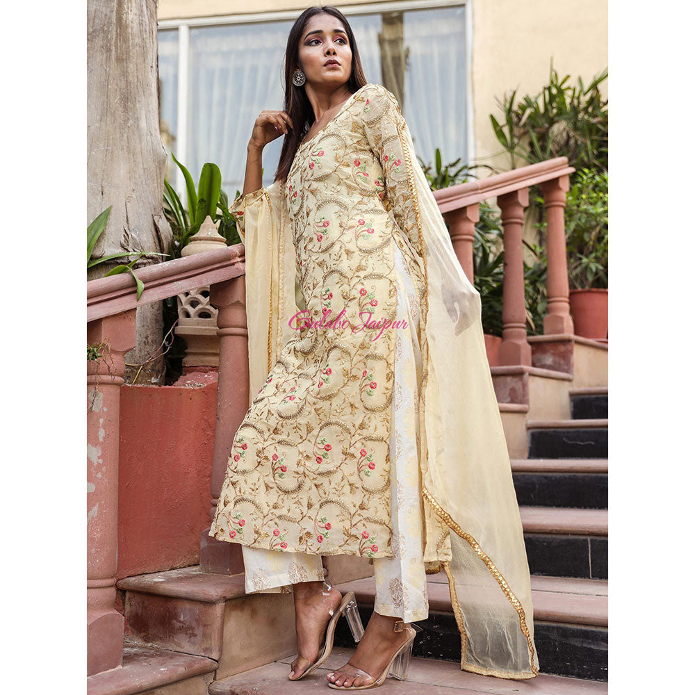 Gulabo Jaipur Beige Embroidered Kurta And Pant With Dupatta (Set of 3)