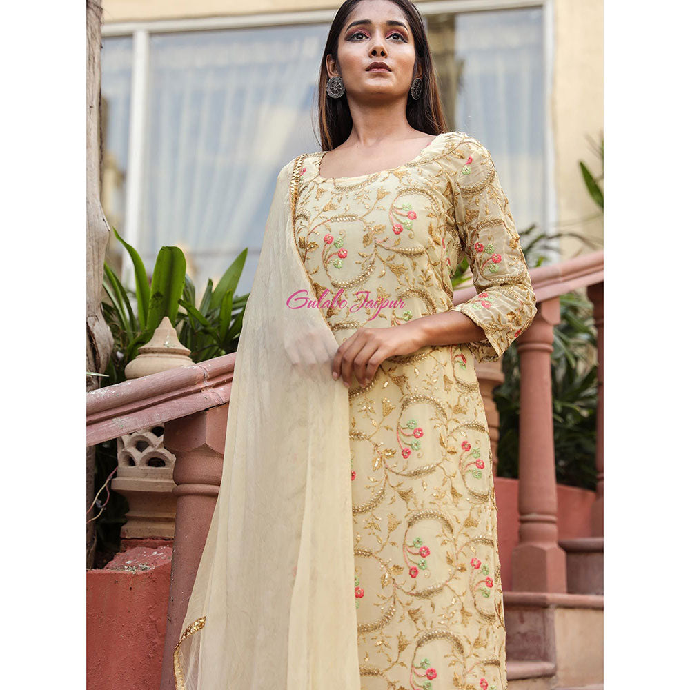 Gulabo Jaipur Beige Embroidered Kurta And Pant With Dupatta (Set of 3)