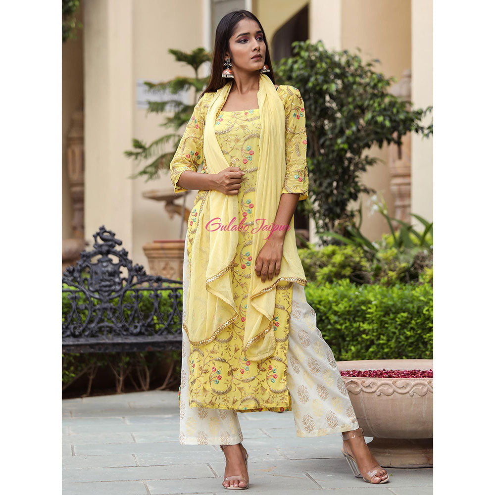 Gulabo Jaipur Yellow Embroidered Kurta And Pant With Dupatta (Set of 3)