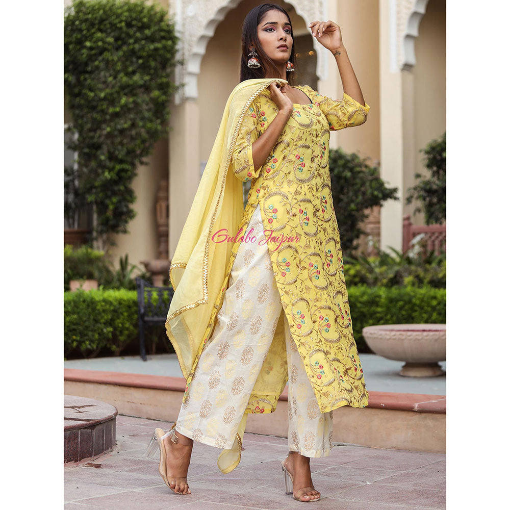 Gulabo Jaipur Yellow Embroidered Kurta And Pant With Dupatta (Set of 3)