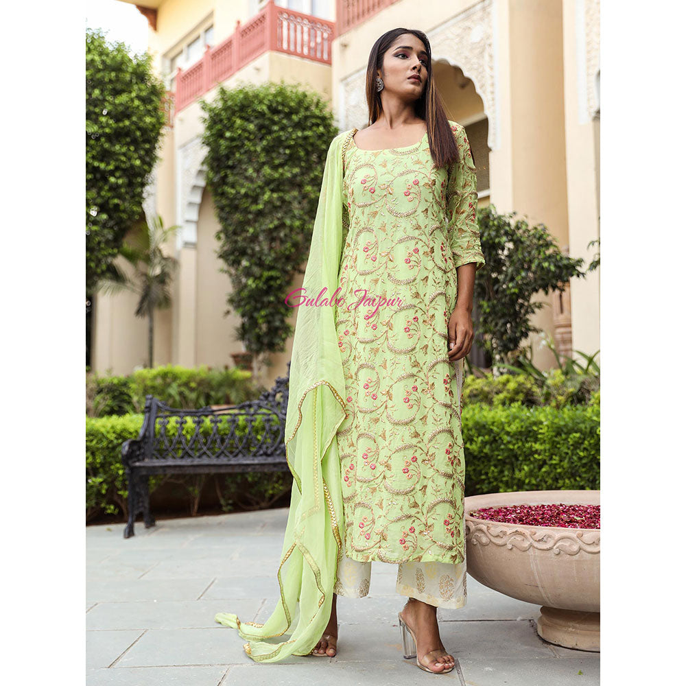 Gulabo Jaipur Green Embroidered Kurta And Pant With Dupatta (Set of 3)