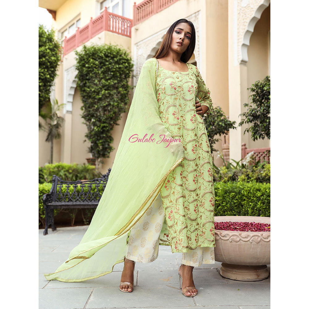 Gulabo Jaipur Green Embroidered Kurta And Pant With Dupatta (Set of 3)