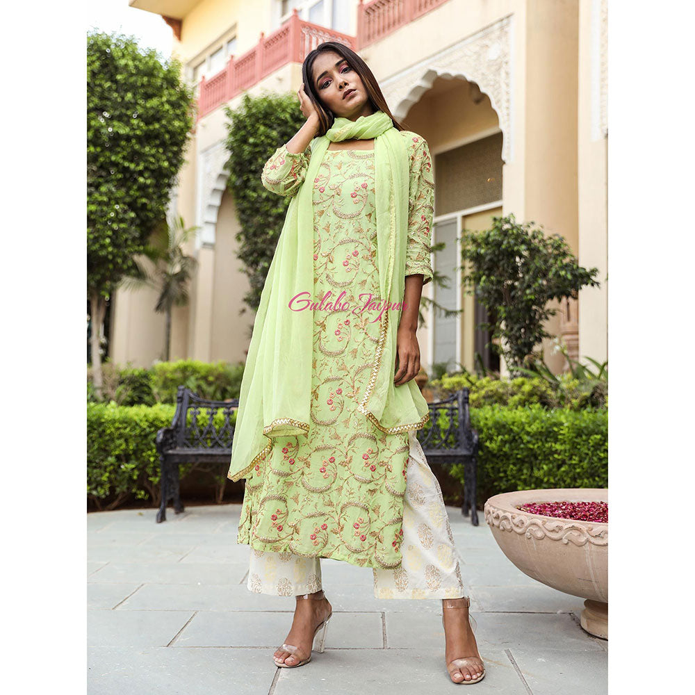Gulabo Jaipur Green Embroidered Kurta And Pant With Dupatta (Set of 3)