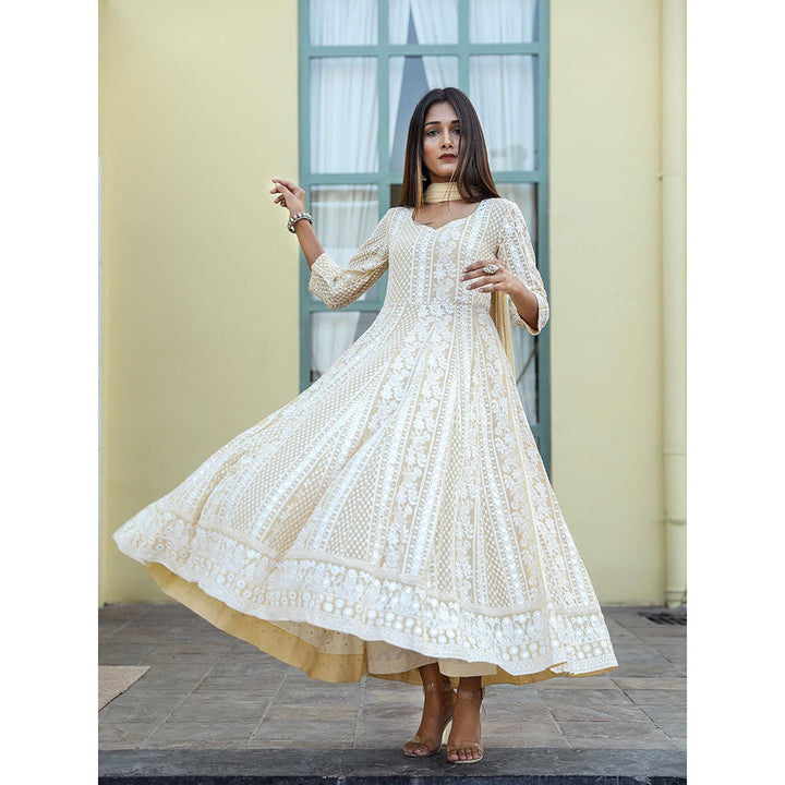 Gulabo Jaipur Off White Embroidered Anarkali And Pant With Dupatta (Set of 3)