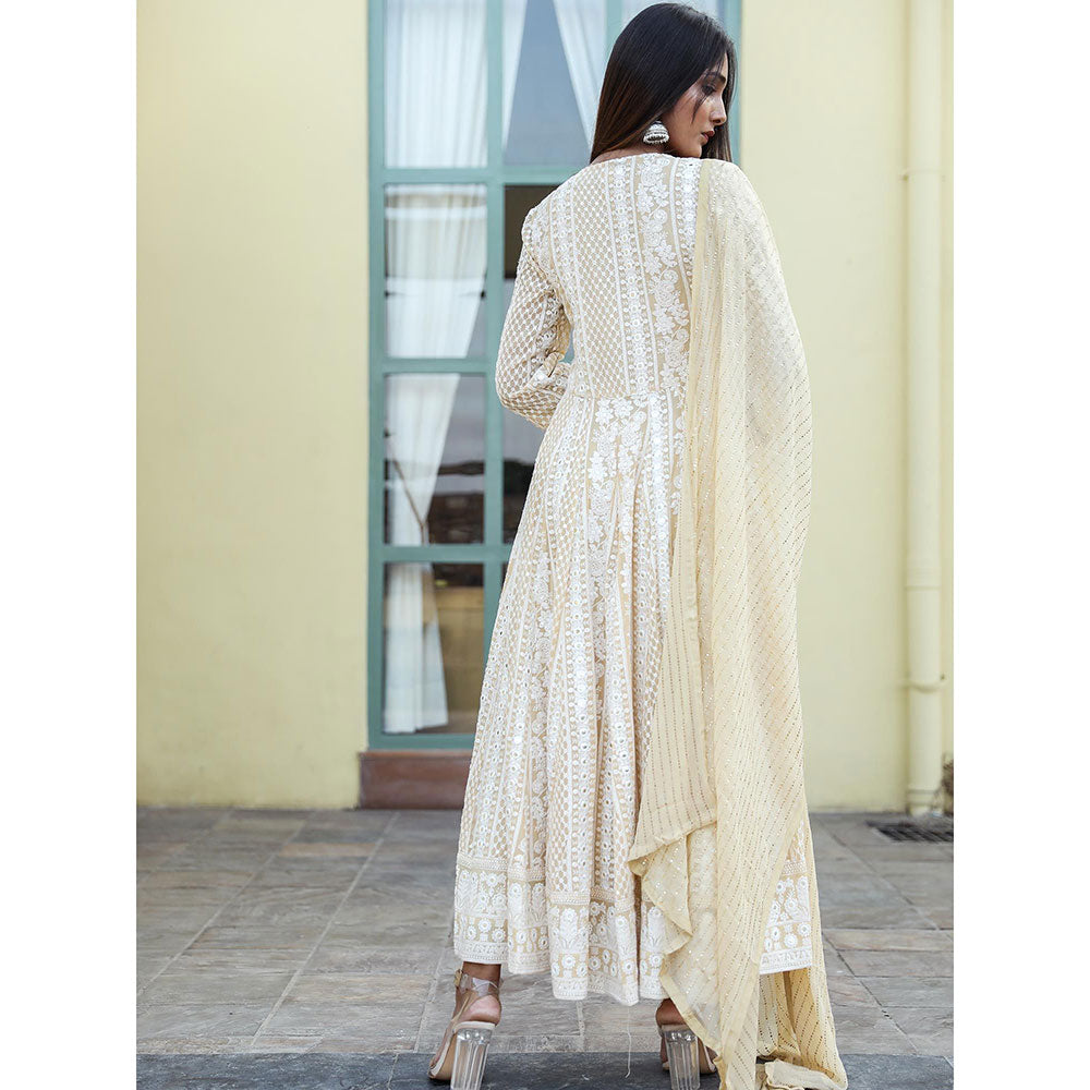 Gulabo Jaipur Off White Embroidered Anarkali And Pant With Dupatta (Set of 3)