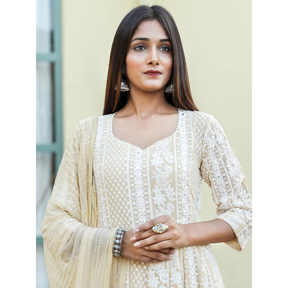 Gulabo Jaipur Off White Embroidered Anarkali And Pant With Dupatta (Set of 3)