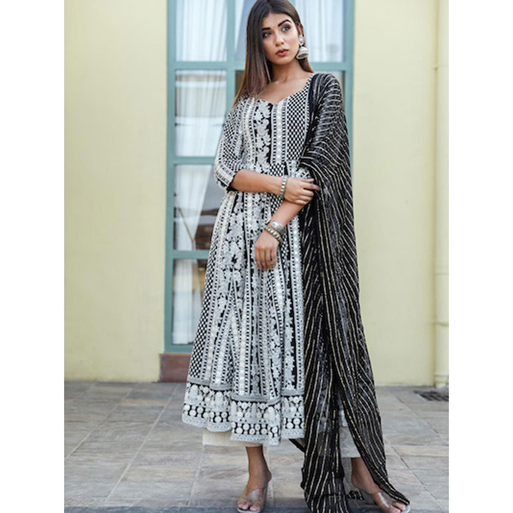 Gulabo Jaipur Black Embroidered Anarkali And Pant With Dupatta (Set of 3)