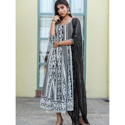 Gulabo Jaipur Black Embroidered Anarkali And Pant With Dupatta (Set of 3)