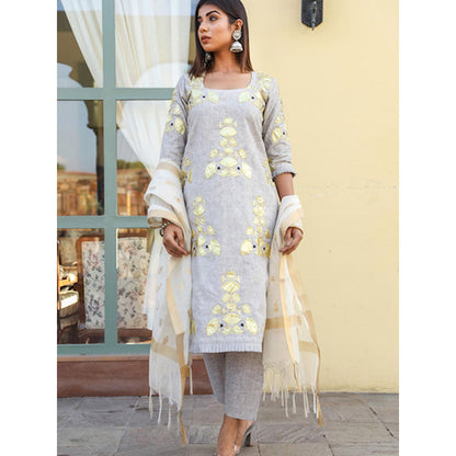 Gulabo Jaipur Grey Embroidered Kurta And Pant With Dupatta (Set of 3)