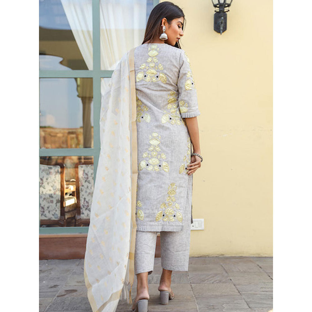 Gulabo Jaipur Grey Embroidered Kurta And Pant With Dupatta (Set of 3)