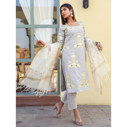 Gulabo Jaipur Grey Embroidered Kurta And Pant With Dupatta (Set of 3)