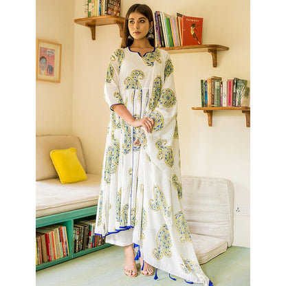 Gulabo Jaipur White Printed Anarkali And Pant With Dupatta (Set of 3)
