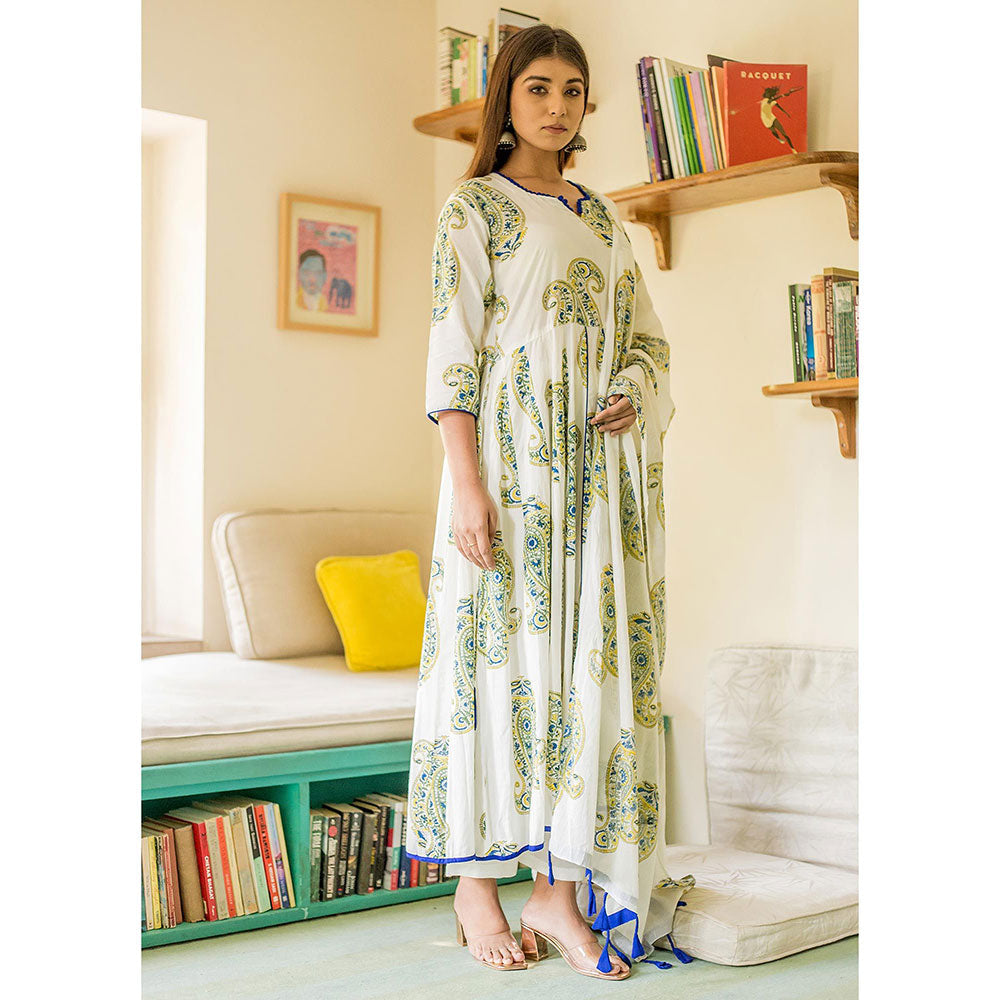 Gulabo Jaipur White Printed Anarkali And Pant With Dupatta (Set of 3)