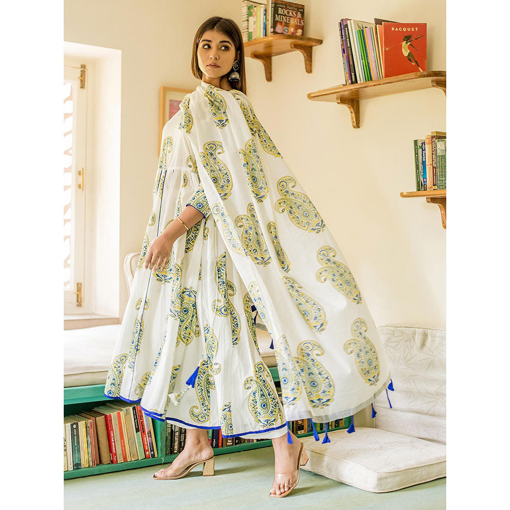 Gulabo Jaipur White Printed Anarkali And Pant With Dupatta (Set of 3)