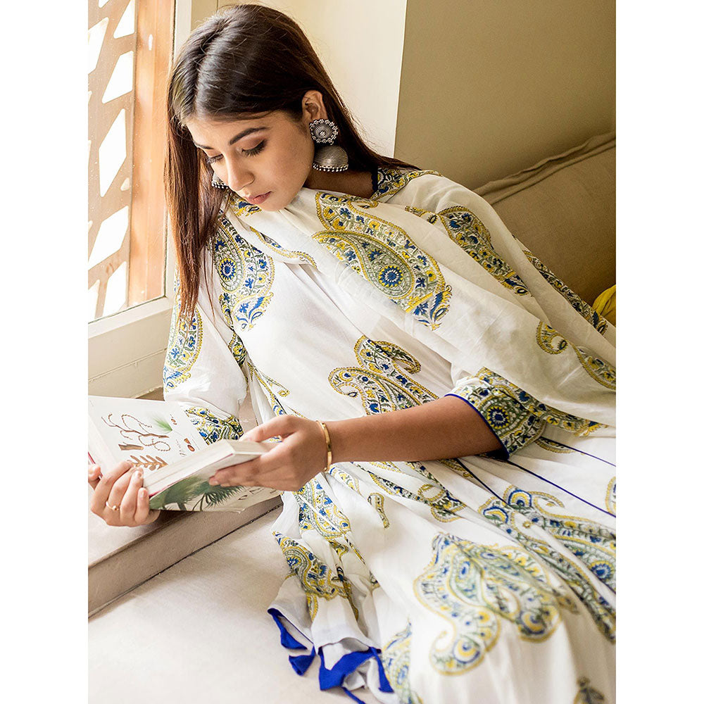 Gulabo Jaipur White Printed Anarkali And Pant With Dupatta (Set of 3)