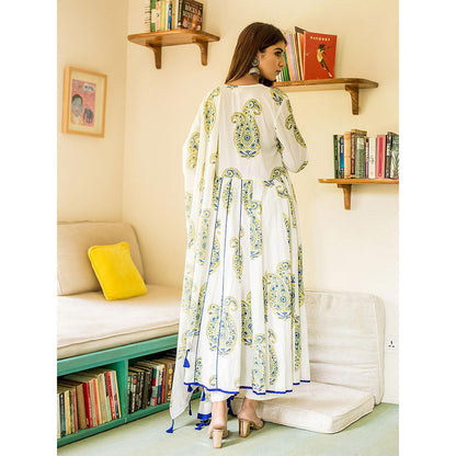 Gulabo Jaipur White Printed Anarkali And Pant With Dupatta (Set of 3)