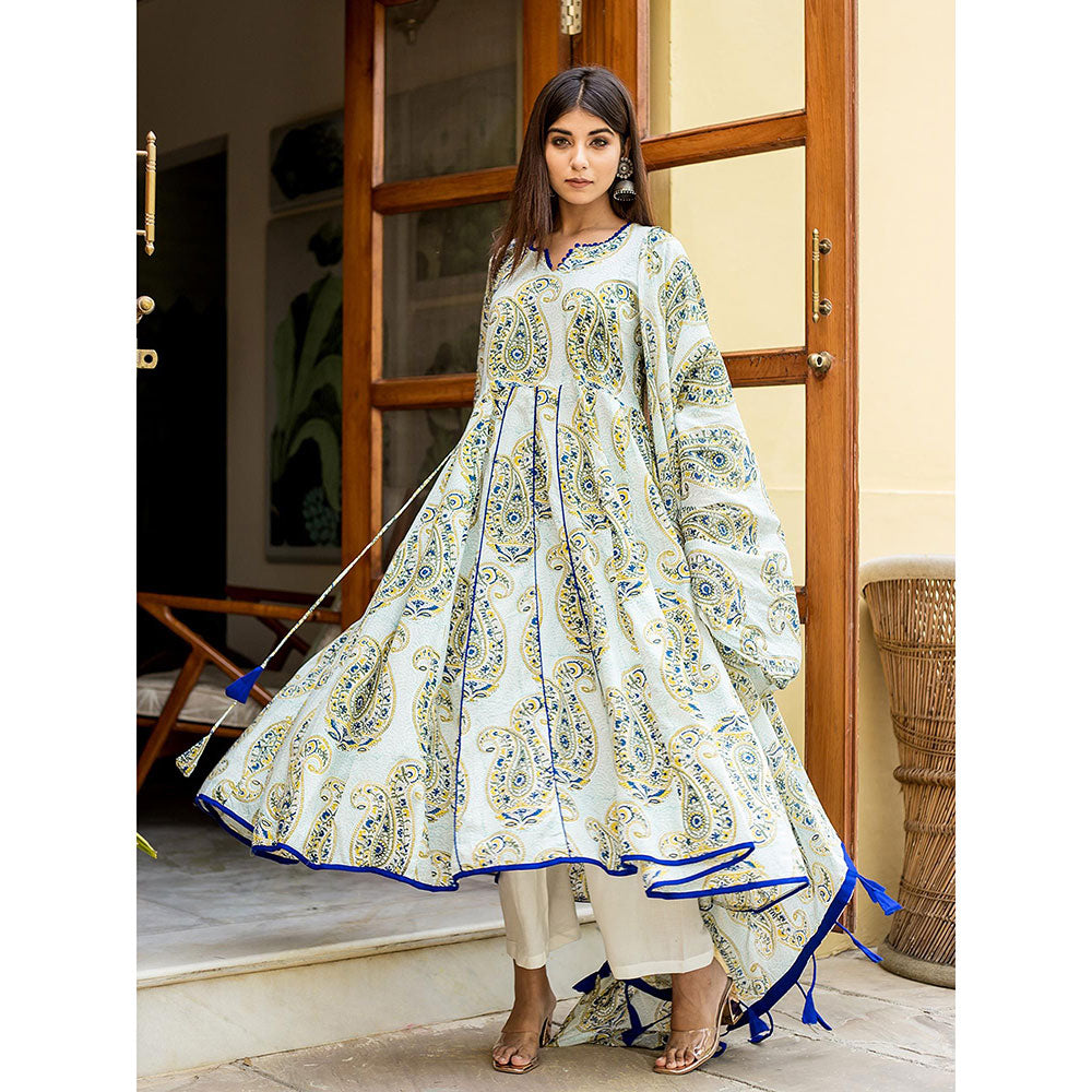 Gulabo Jaipur White Printed Anarkali And Pant With Dupatta (Set of 3)