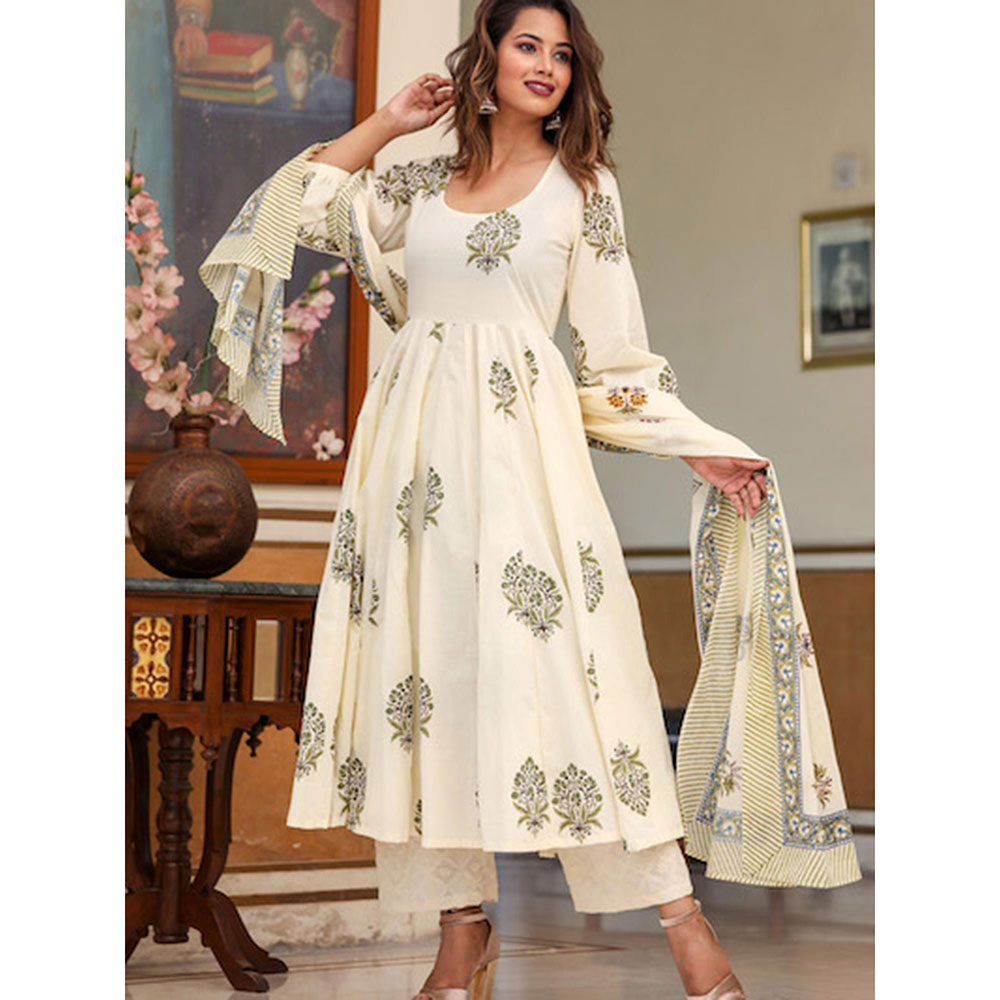 Gulabo Jaipur White Printed Anarkali And Pant With Dupatta (Set of 3)