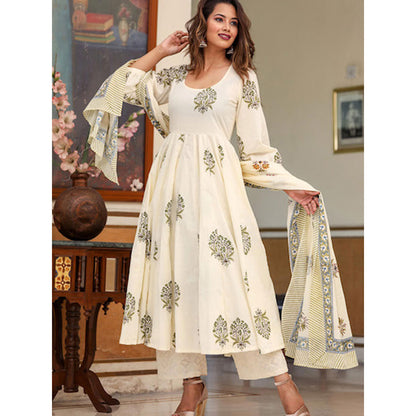 Gulabo Jaipur White Printed Anarkali And Pant With Dupatta (Set of 3)