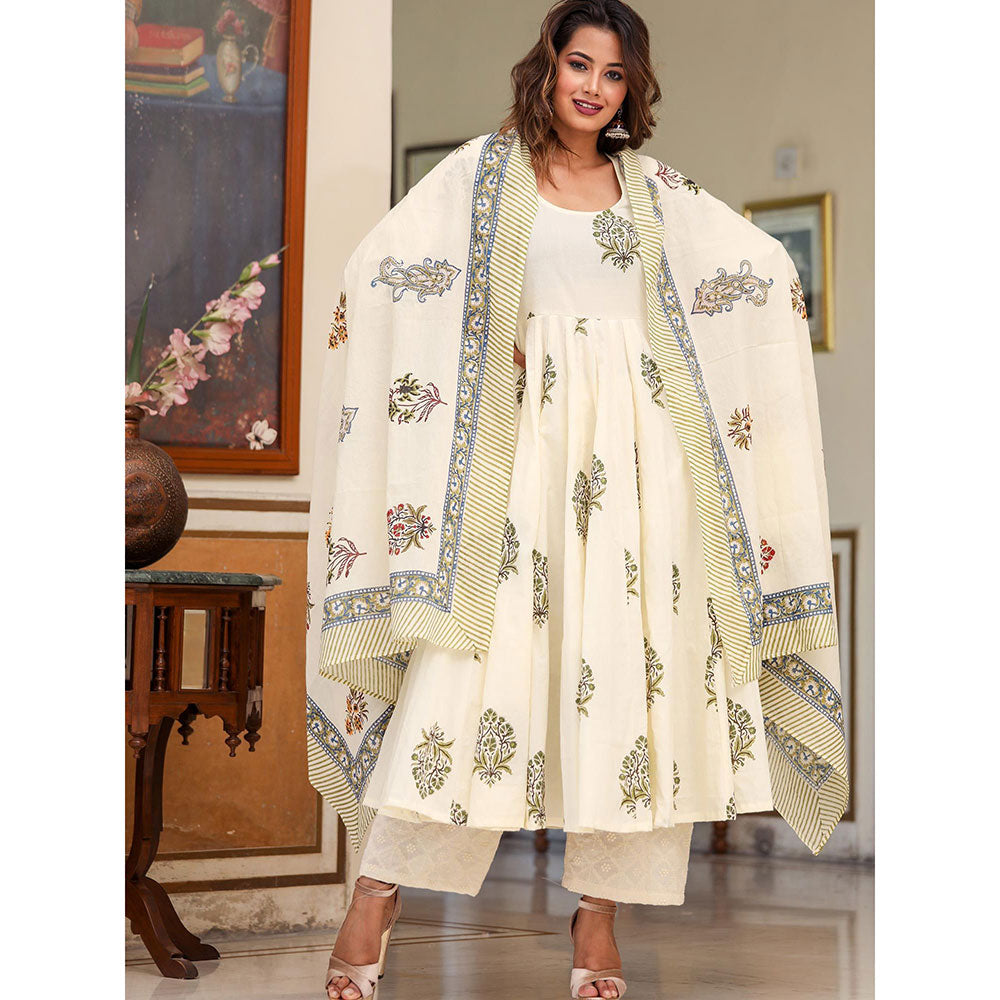 Gulabo Jaipur White Printed Anarkali And Pant With Dupatta (Set of 3)