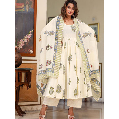 Gulabo Jaipur White Printed Anarkali And Pant With Dupatta (Set of 3)