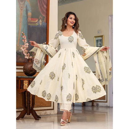 Gulabo Jaipur White Printed Anarkali And Pant With Dupatta (Set of 3)