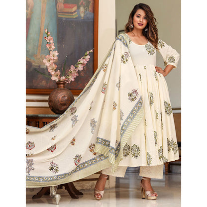 Gulabo Jaipur White Printed Anarkali And Pant With Dupatta (Set of 3)
