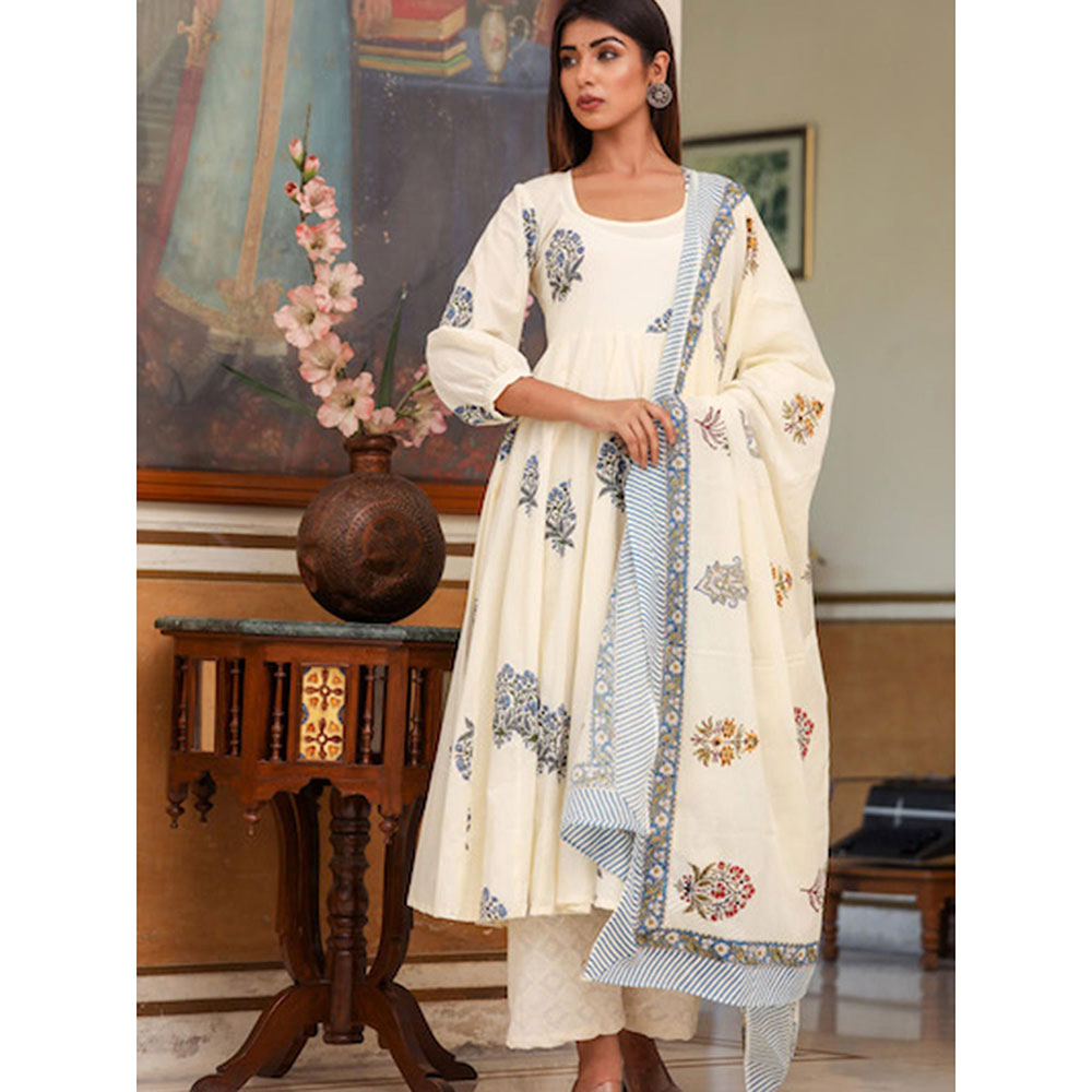 Gulabo Jaipur White Printed Anarkali And Pant With Dupatta (Set of 3)