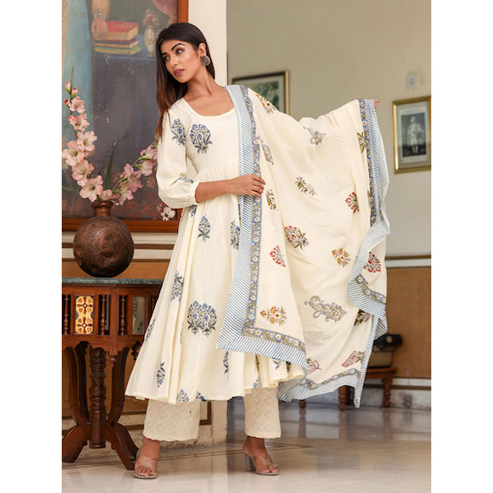 Gulabo Jaipur White Printed Anarkali And Pant With Dupatta (Set of 3)
