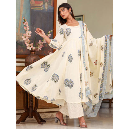 Gulabo Jaipur White Printed Anarkali And Pant With Dupatta (Set of 3)