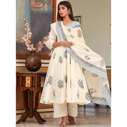 Gulabo Jaipur White Printed Anarkali And Pant With Dupatta (Set of 3)