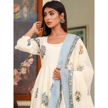 Gulabo Jaipur White Printed Anarkali And Pant With Dupatta (Set of 3)