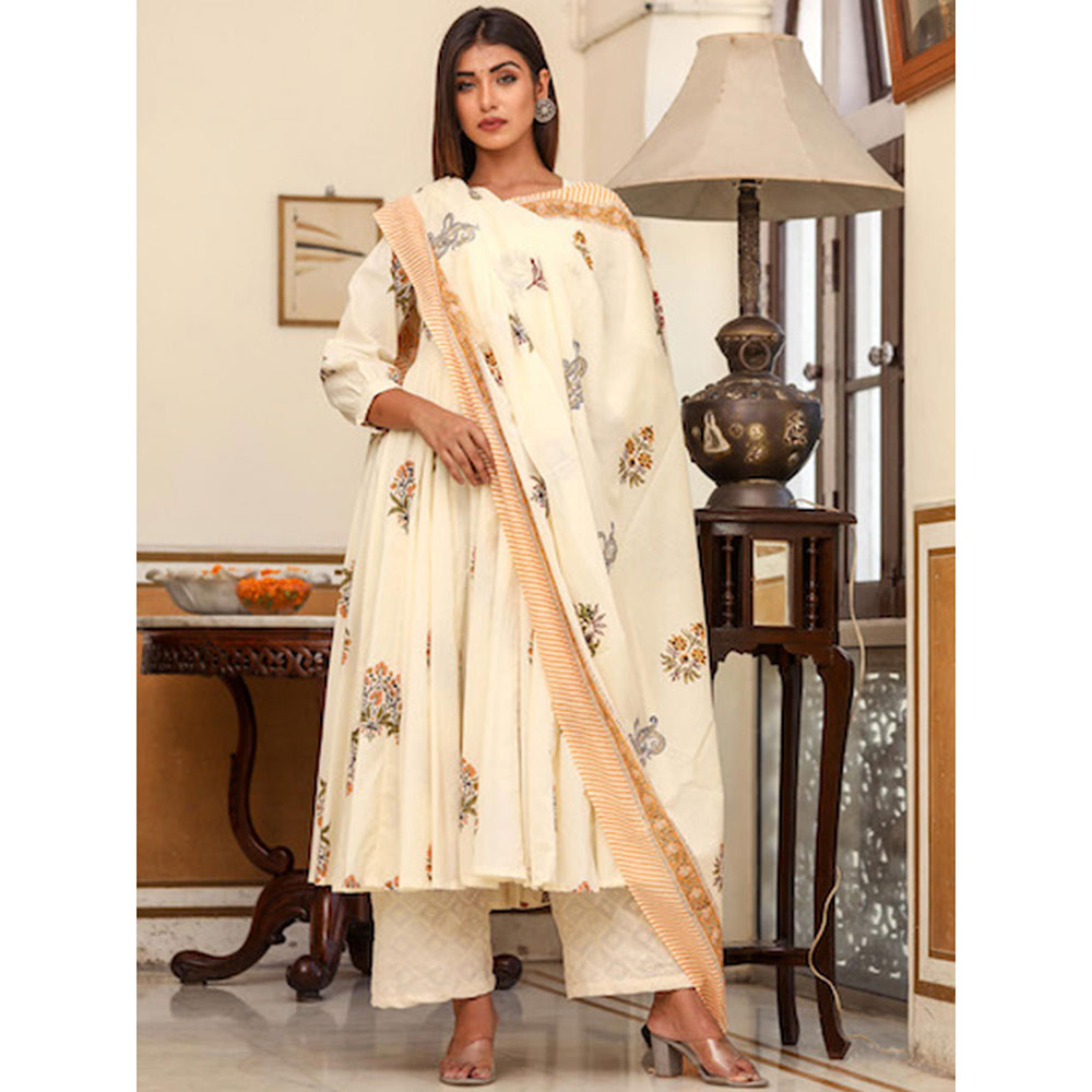 Gulabo Jaipur White Printed Anarkali And Pant With Dupatta (Set of 3)