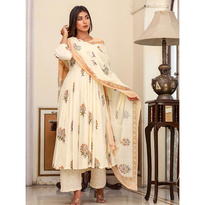 Gulabo Jaipur White Printed Anarkali And Pant With Dupatta (Set of 3)