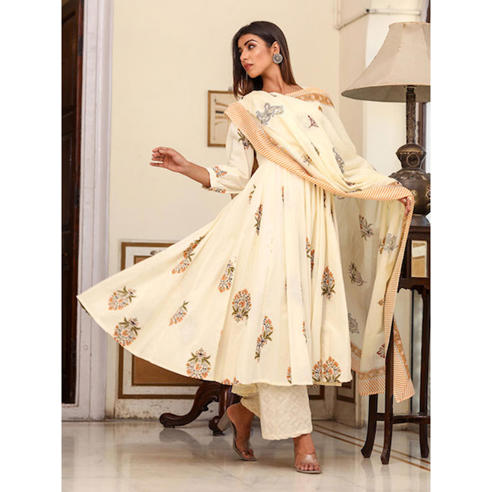 Gulabo Jaipur White Printed Anarkali And Pant With Dupatta (Set of 3)