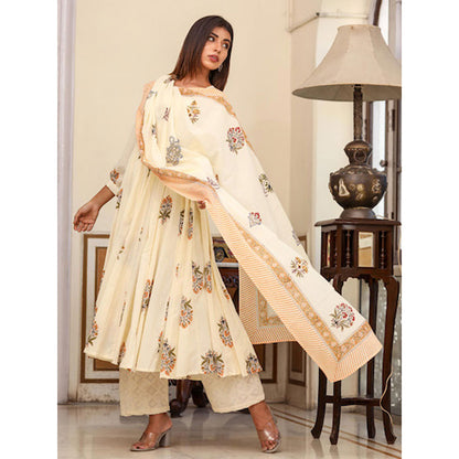 Gulabo Jaipur White Printed Anarkali And Pant With Dupatta (Set of 3)