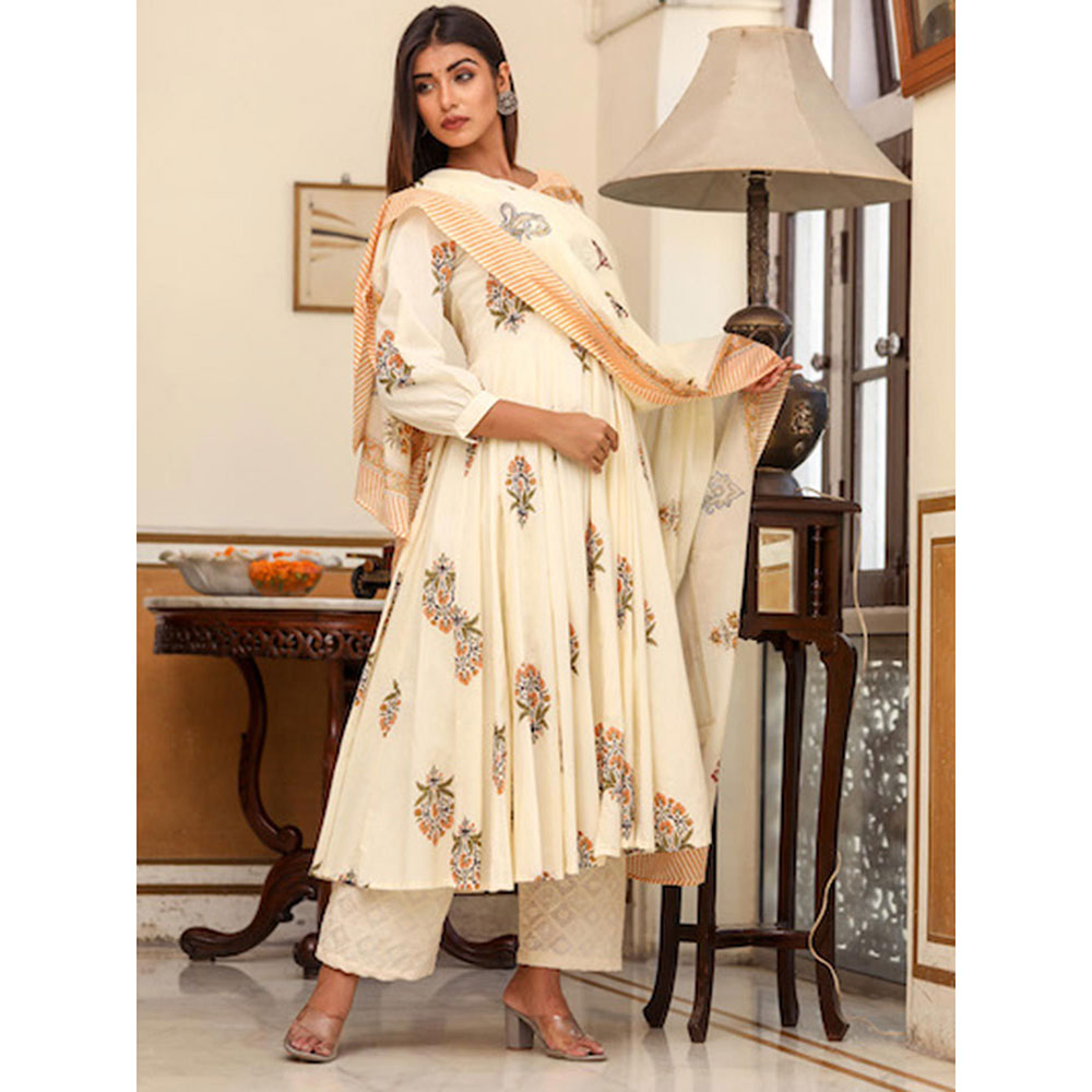 Gulabo Jaipur White Printed Anarkali And Pant With Dupatta (Set of 3)