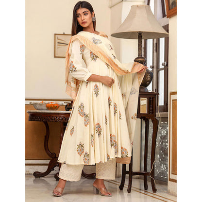 Gulabo Jaipur White Printed Anarkali And Pant With Dupatta (Set of 3)