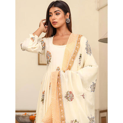 Gulabo Jaipur White Printed Anarkali And Pant With Dupatta (Set of 3)
