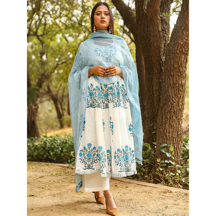 Gulabo Jaipur Blue Printed Anarkali And Pant With Dupatta (Set of 3)