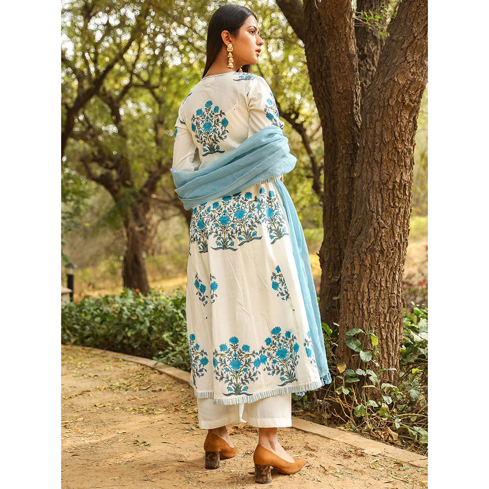 Gulabo Jaipur Blue Printed Anarkali And Pant With Dupatta (Set of 3)