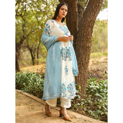Gulabo Jaipur Blue Printed Anarkali And Pant With Dupatta (Set of 3)