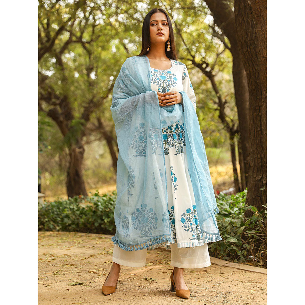 Gulabo Jaipur Blue Printed Anarkali And Pant With Dupatta (Set of 3)