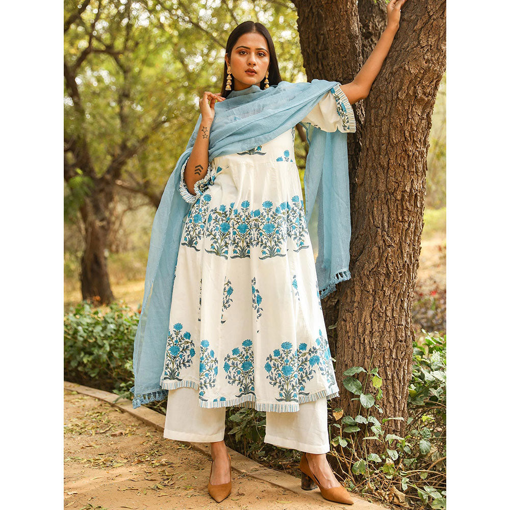 Gulabo Jaipur Blue Printed Anarkali And Pant With Dupatta (Set of 3)