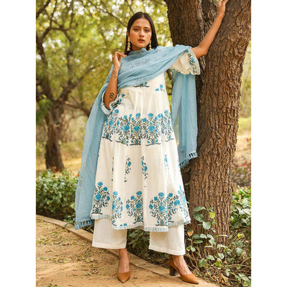 Gulabo Jaipur Blue Printed Anarkali And Pant With Dupatta (Set of 3)