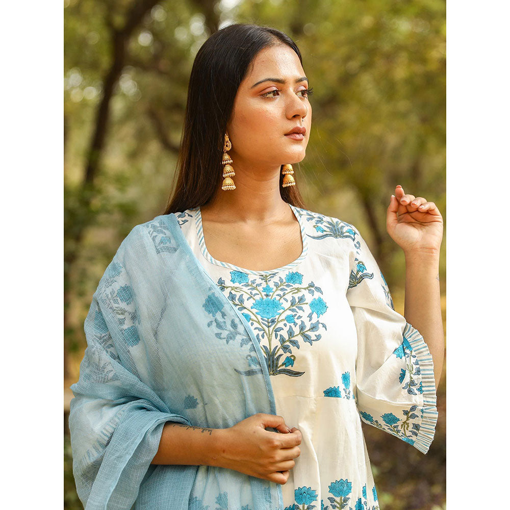 Gulabo Jaipur Blue Printed Anarkali And Pant With Dupatta (Set of 3)