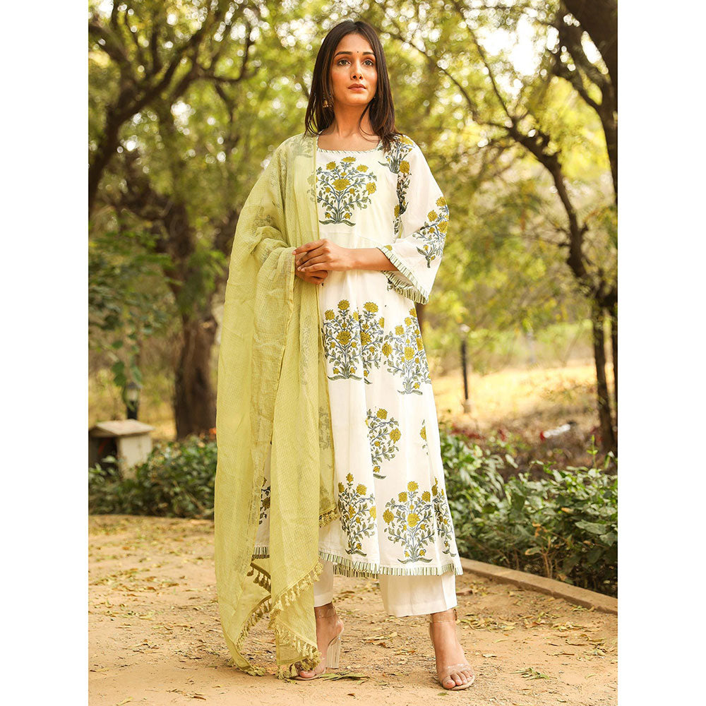 Gulabo Jaipur Green Printed Anarkali And Pant With Dupatta (Set of 3)